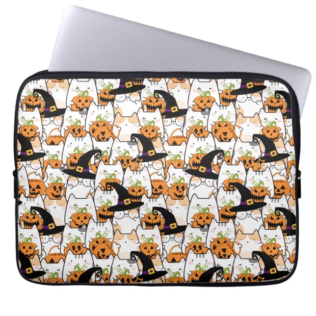 Niedliche KatzenHexe mit Bumkin Halloween Laptopschutzhülle (Vorderseite)