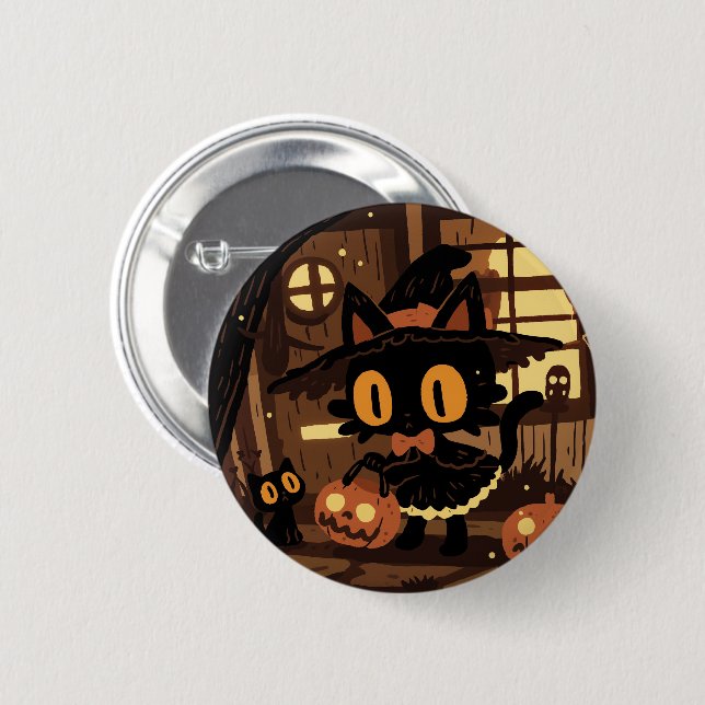 Niedliche KatzenHexe mit Kürbiseimer Button (Vorne & Hinten)