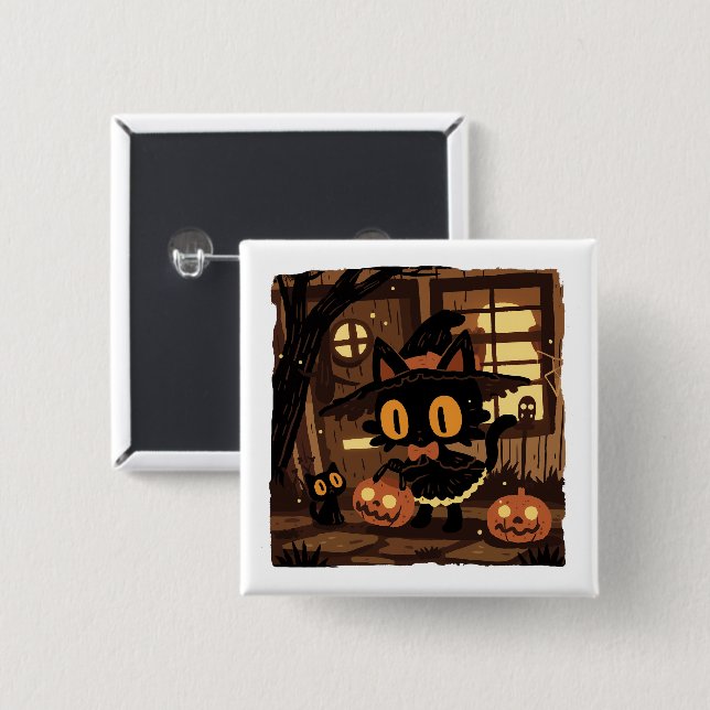 Niedliche KatzenHexe mit Kürbiseimer Button (Vorne & Hinten)