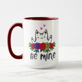 niedliche Katzenkatze in der Liebe umarmt Herzbeut Tasse