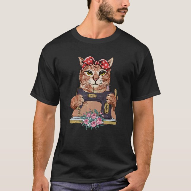 Niedliche Katzenkatze Nähmaschine Nähmaschine Katz T-Shirt (Vorderseite)
