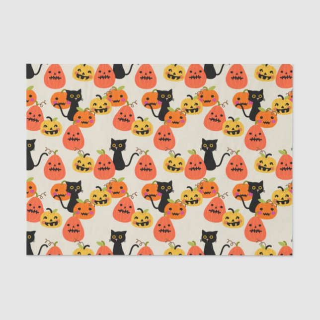 Niedliche Katzenkatze zu Halloween und Kürbiskröte Seidenpapier (Vorderseite)