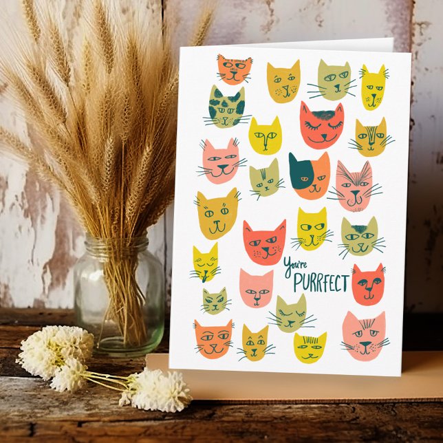 Niedliche Katzenköpfe Muster ANNIVERSARY LIEBE Karte (Cute colorful cat heads pattern ANNIVERSARY LOVE Valentines Romantic Friendship Encouragement Card
)