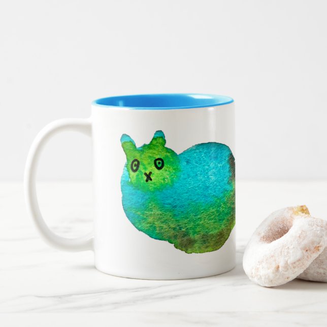 Niedliche Katzenkunstdarstellung Zweifarbige Tasse (Mit Donut)