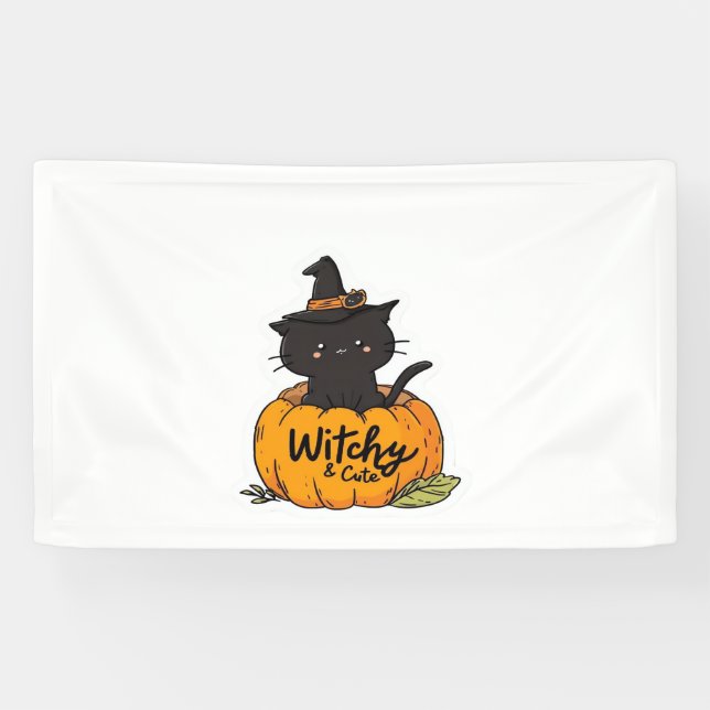 Niedliche Katzenkürbis mit Hexenhut, Kawaii Banner (Horizontal)