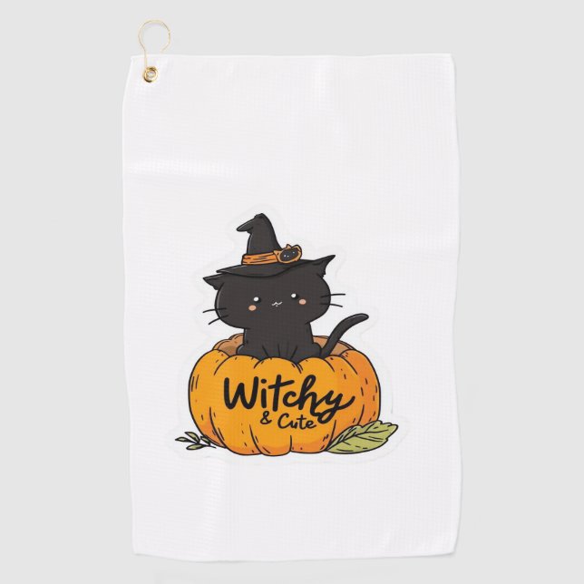 Niedliche Katzenkürbis mit Hexenhut, Kawaii Golfhandtuch (Vorderseite)