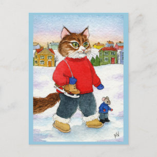 Niedliche Katzenmaus Skater Winternaturkunst Postk Postkarte