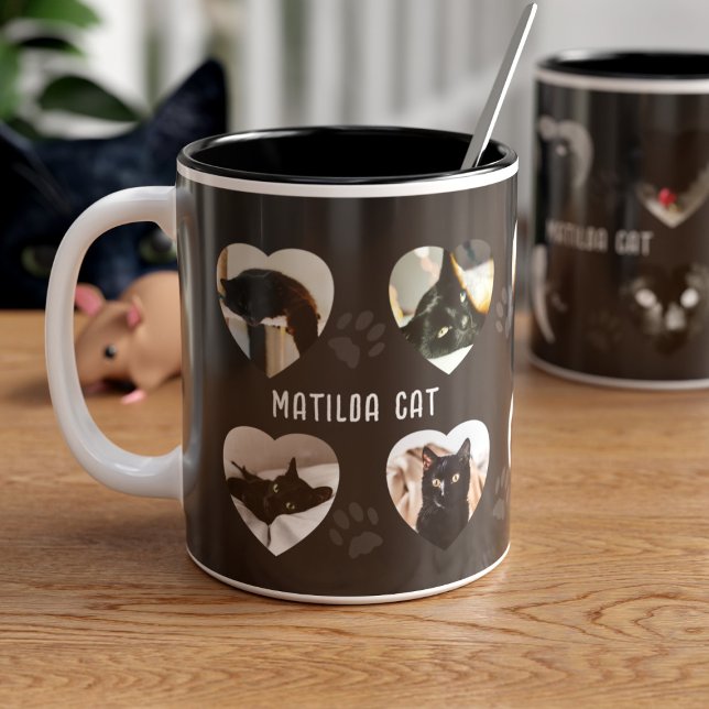 Niedliche Katzenpaw druckt Pet Foto Collage Kaffee Zweifarbige Tasse (You can upload 10 photos of your black cat to this coffee mug and add your name too. )