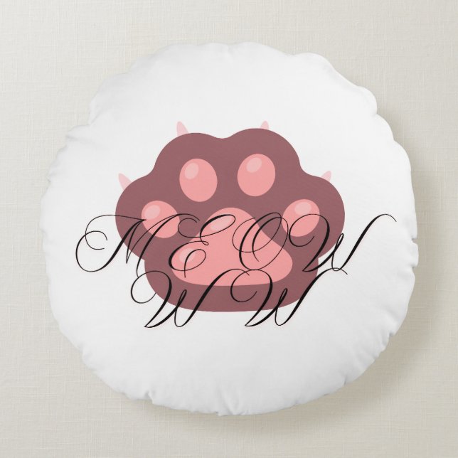 Niedliche Katzenpfoten "MEOW" Kalligraphie - Adora Rundes Kissen (Vorderseite)