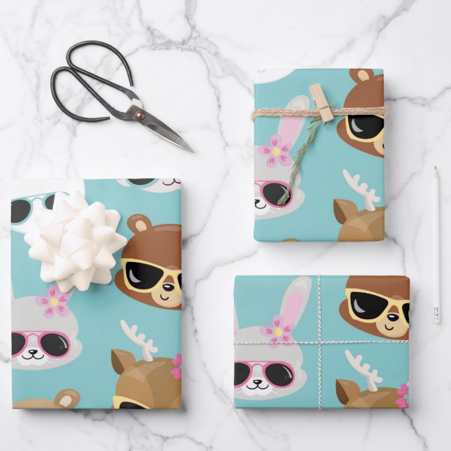 Niedliche Kawaii Animals Sonnenbrille in Blau Geschenkpapier Set (Vorderseite)