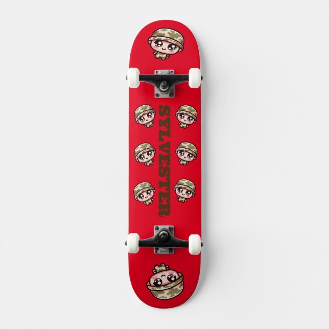 Niedliche Kawaii Army Camouflage Monogram auf Red  Skateboard (Vorderseite)
