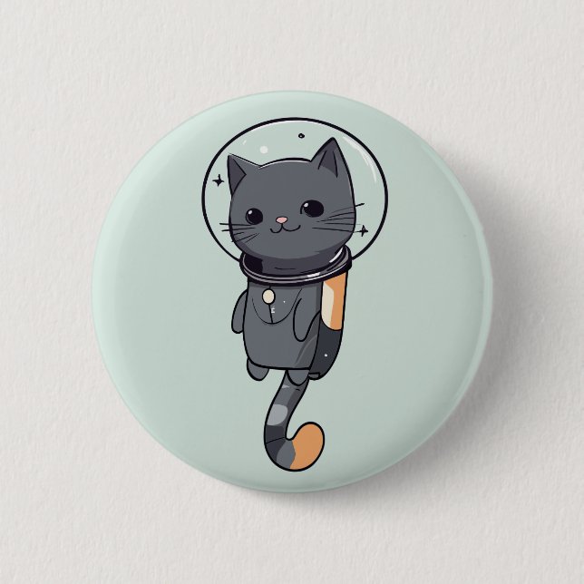 Niedliche Kawaii Astronautenschwarze Katze Button (Vorderseite)