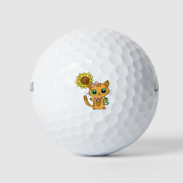 Niedliche Kawaii Cat Holding-Blume Golfball (Vorderseite)