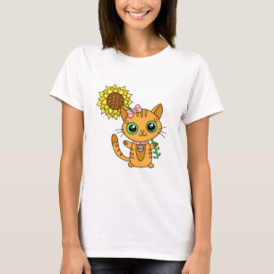 Niedliche Kawaii Cat Holding-Blume T-Shirt