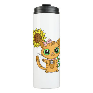 Niedliche Kawaii Cat Holding-Blume Thermosbecher