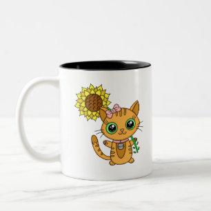 Niedliche Kawaii Cat Holding-Blume Zweifarbige Tasse