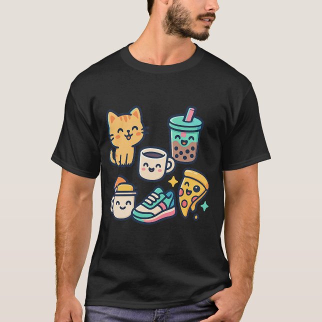 Niedliche Kawaii Cat, Pizza, Bubble Tee & Kaffee - (Vorderseite)