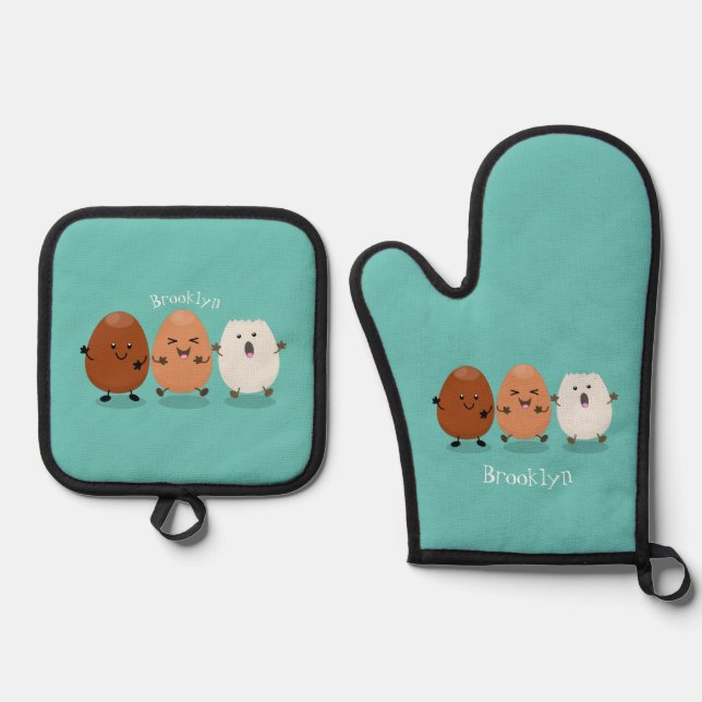 Niedliche Kawaii-Eier — lustige Cartoon-Illustrati Ofenhandschuh & Topflappen-Set (Vorderseite)