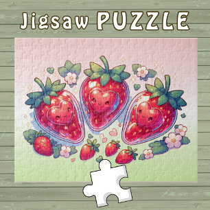 Niedliche Kawaii Erdbeeren mit lächelnden Herzen - Puzzle
