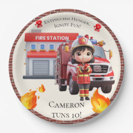 Niedliche Kawaii Feuerwehrfrau und Feuerwehrfahrze Pappteller