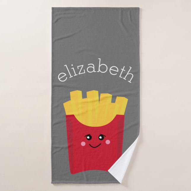 Niedliche Kawaii Fries mit Individuelle Name Badehandtuch (Badehandtuch)