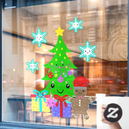 Niedliche Kawaii Gesicht Weihnachtsbaum Szene 52x7 Fensteraufkleber