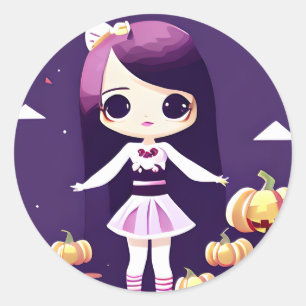 Niedliche Kawaii Girl mit Pumpkins Halloween Runder Aufkleber