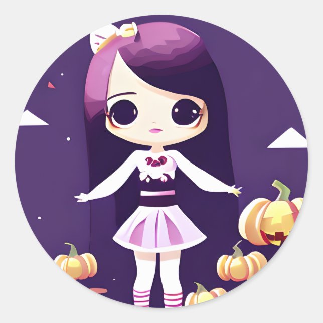 Niedliche Kawaii Girl mit Pumpkins Halloween Runder Aufkleber (Vorderseite)