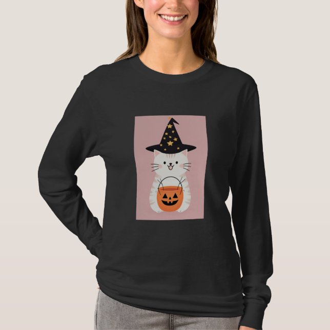 Niedliche Kawaii Halloween Katze mit Hexenhut & Pu T-Shirt (Vorderseite)