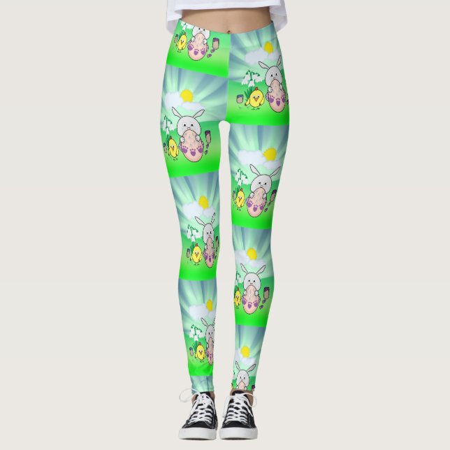 Niedliche Kawaii Hase und Happy Happy Ostermuster Leggings (Vorderseite)