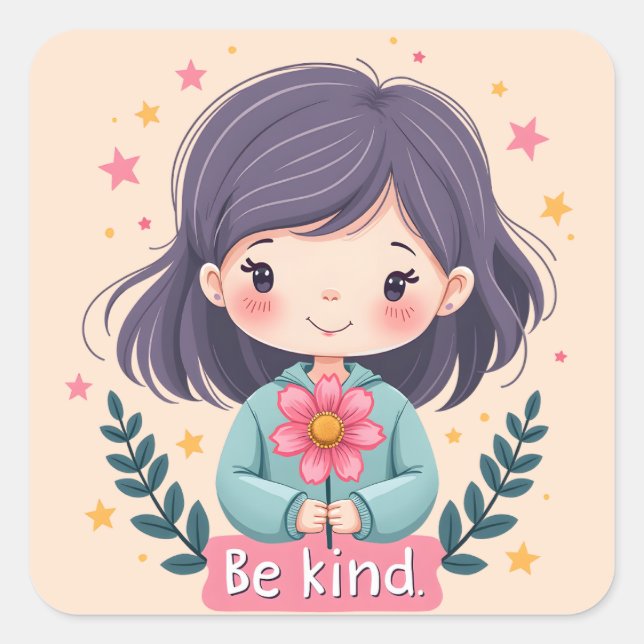 Niedliche Kawaii-Illustration "Be Kind" - Großarti Quadratischer Aufkleber (Vorderseite)