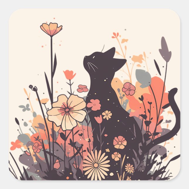 Niedliche Kawaii Katze im Feld voller Blume Quadratischer Aufkleber (Vorderseite)