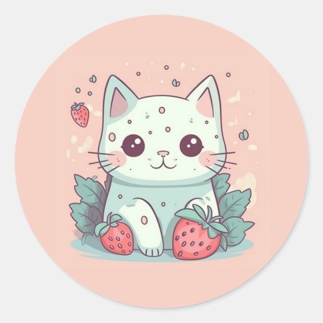 Niedliche Kawaii-Katze mit Erdbeeren Runder Aufkleber (Vorderseite)
