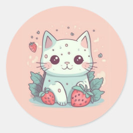 Niedliche Kawaii-Katze mit Erdbeeren Runder Aufkleber