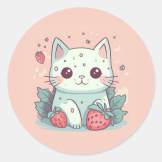 Niedliche Kawaii-Katze mit Erdbeeren Runder Aufkleber