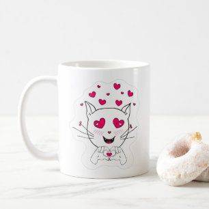 Niedliche Kawaii Katze mit Herz-Liebe-Tasse. Kaffeetasse