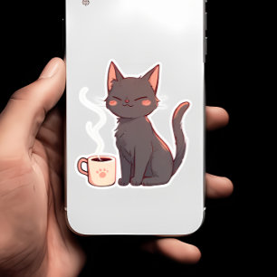 Niedliche Kawaii-Katze mit Kaffee-Cup Aufkleber