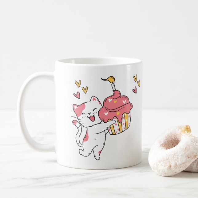 Niedliche Kawaii-Katze mit Kuchen Kaffeetasse (Mit Donut)