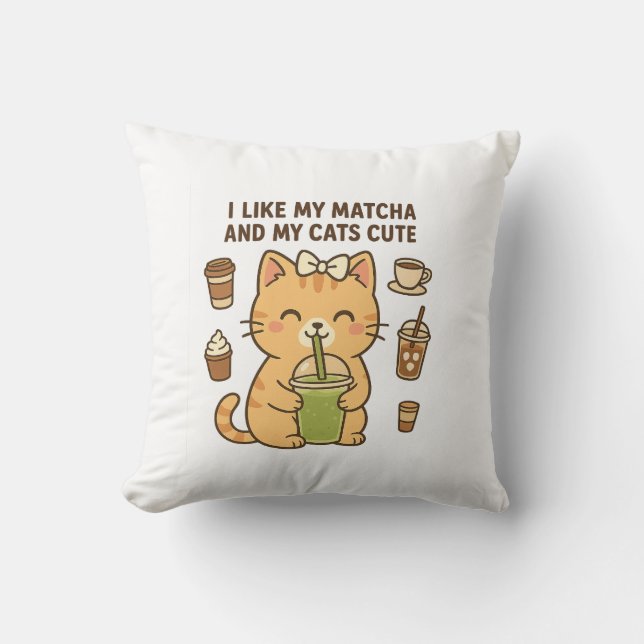 Niedliche Kawaii Katze mit Matcha Green Tee Kissen (Vorderseite)