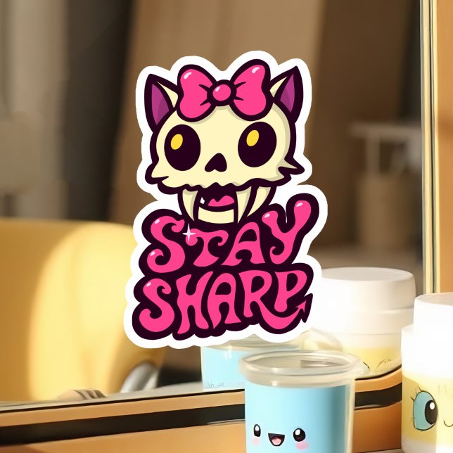 Niedliche Kawaii Katze Skull Pink Bow Gothic Punk  Aufkleber (Kawaii cat skull sticker with bold fangs, vibrant colors, and a cheeky "Stay Sharp" message.)