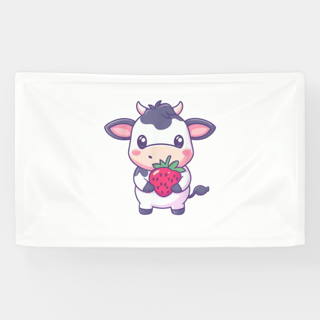 Niedliche Kawaii-Kuh mit Erdbeeren Adortable Rinde Banner (Horizontal)
