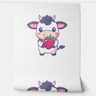Niedliche Kawaii-Kuh mit Erdbeeren Adortable Rinde Tapete