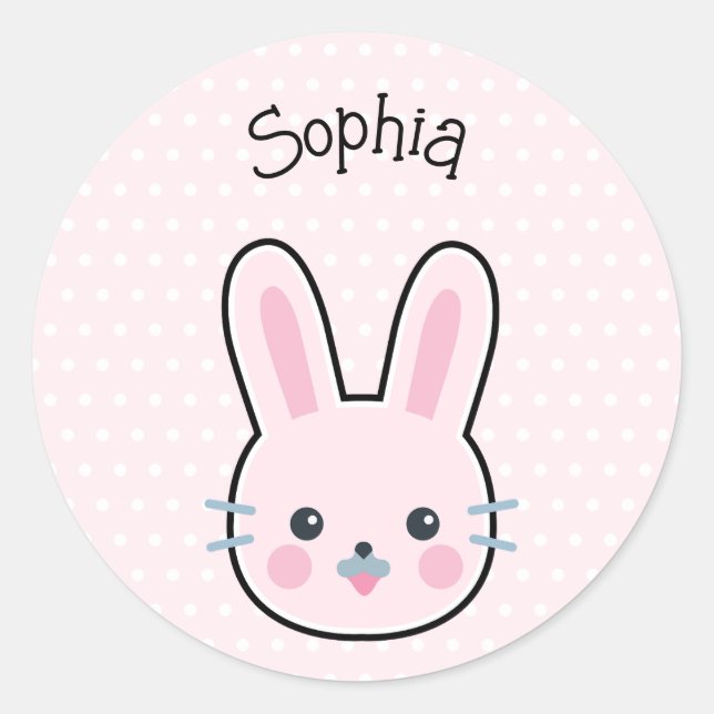 Niedliche Kawaii Pink Bunny und Polka Dots Runder Aufkleber (Vorderseite)