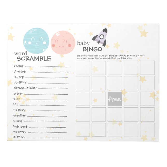 Niedliche Kawaii Planet Baby Gender Reveal Games Notizblock (Vorderseite)
