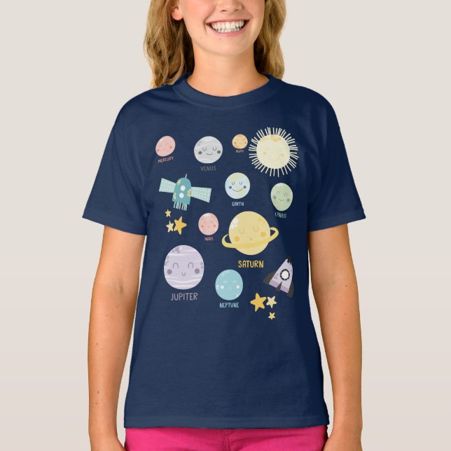 Niedliche Kawaii Planeten-Solarsystems-Astronomie T-Shirt (Vorderseite)