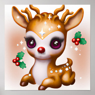 Niedliche Kawaii Reindeer mit Holly und Glitzer Poster