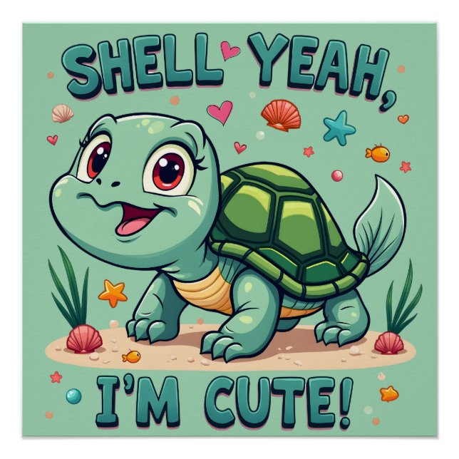 Niedliche Kawaii-Schildkröte mit Funny Puan Ocean  Poster (Vorderseite)