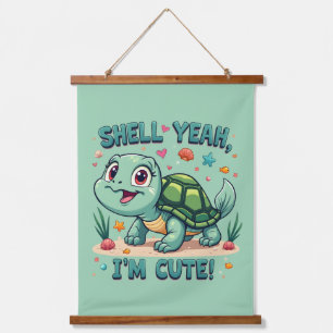 Niedliche Kawaii-Schildkröte mit Funny Puan Ocean Wandteppich Mit Holzrahmen