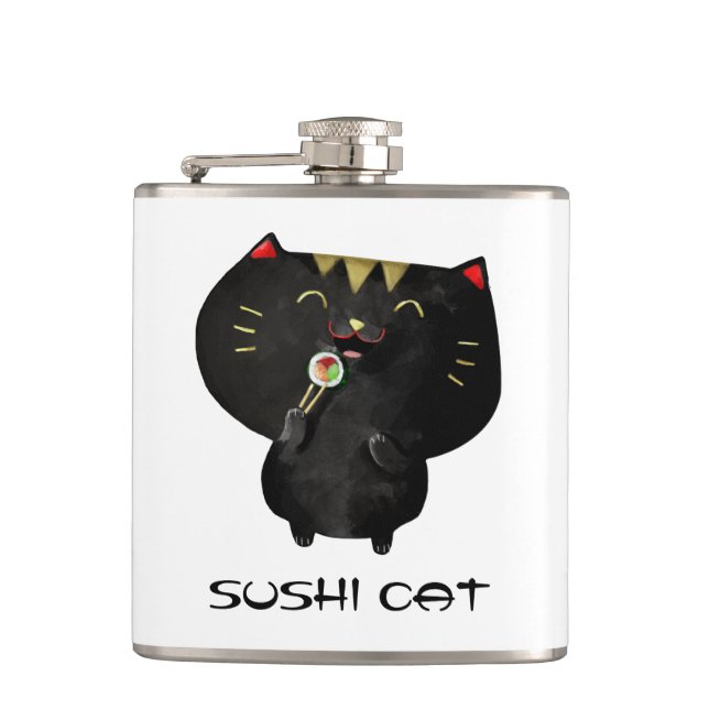 Niedliche Kawaii schwarze Sushi-Katze Flachmann (Vorderseite)