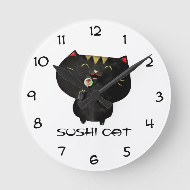 Niedliche Kawaii schwarze Sushi-Katze Runde Wanduhr (Vorderseite)
